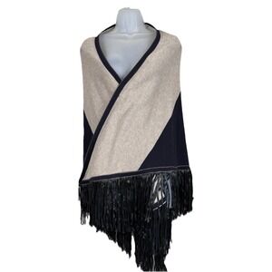 Nic + Zoe OS Cotton Wrap Poncho Shawl Faux Leather Fringe Beige and Black